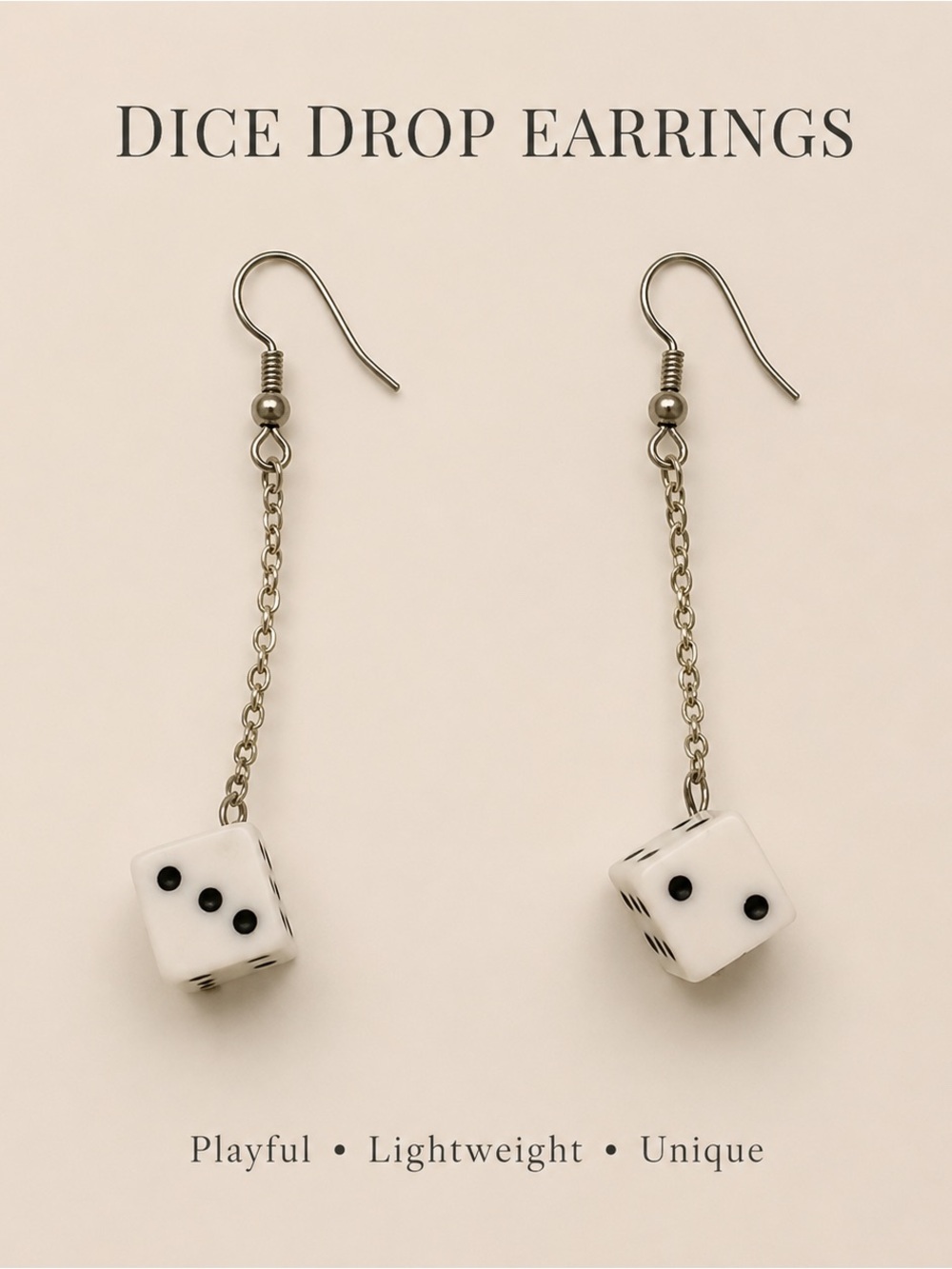 White Dice Drop Chain Earrings - Playful Women’s Earrings